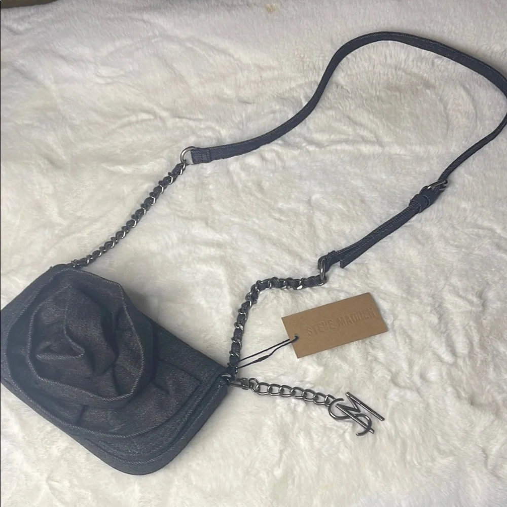 Steve Madden - Black/Charcoal Denim Borla Rose Bud Chain Crossbody - Picture 4 of 13